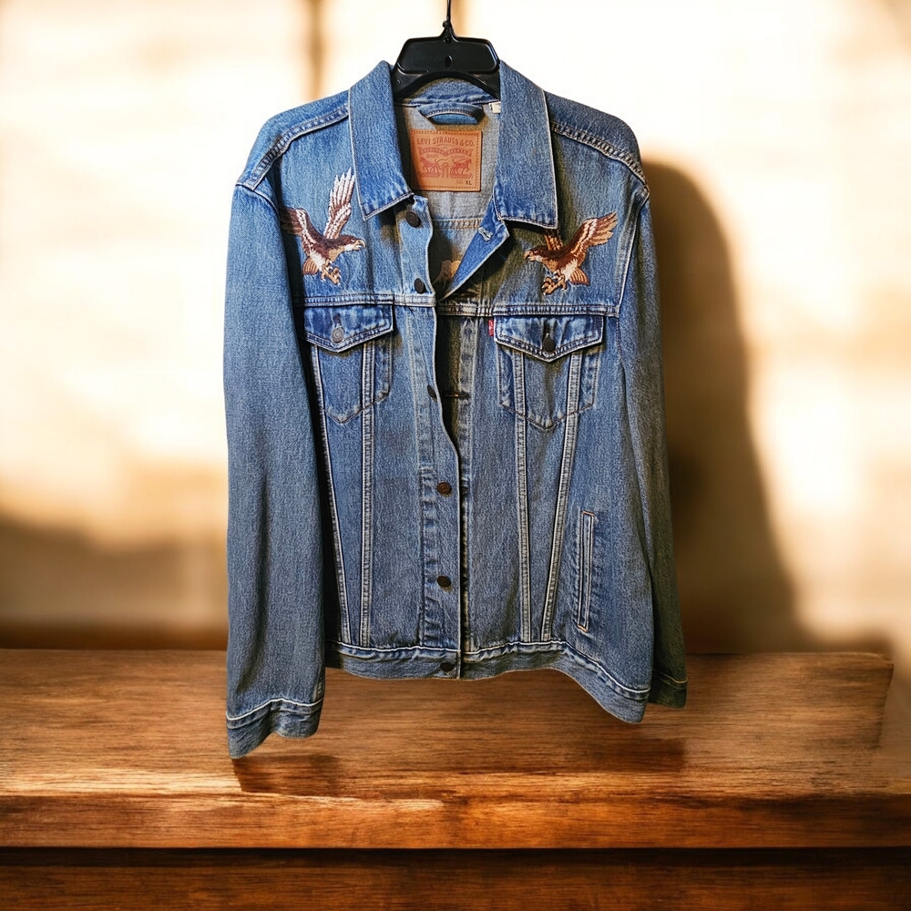 Vintage Levi's Blue Denim Jacket with Eagle Japanese Embroidery